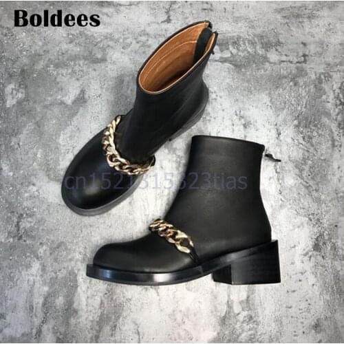 Chains Martin Boots Woman Round Toe Silver Gold Metal Chain Black Leather Short Boots Back Zipper Ankle Boot