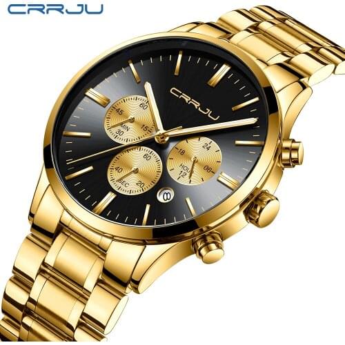 CRRJU men watches Top Luxury Brand Chronograph Date Clock Male Gold Black Steel Strap Analog Quartz Watch Men Sport Wrist watch