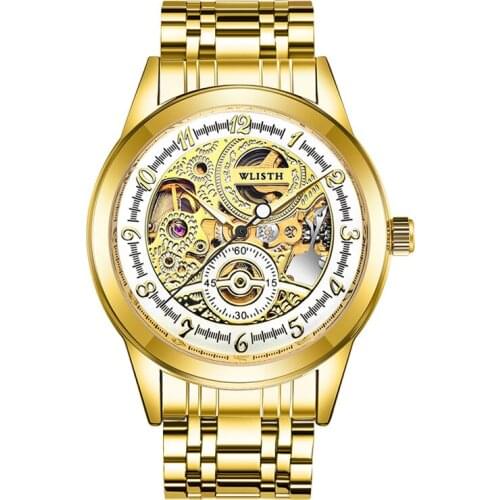 Wlisth Top Brand Mens Gear Mechanical Movement Sports Clock Gold Luminous Fashion Water Resistant Casual Analog Case Wrist Watch