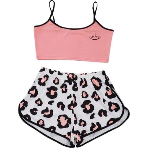 Women’s Camisole Shorts Two Piece Set Smiles Letter Print Pink Vest Top and Leopard Shorts Homewear Summer Leisure Sleepwear