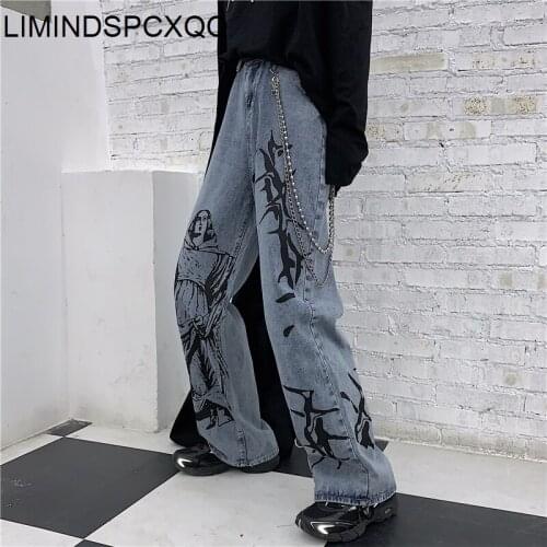 2021 Summer Fashion Ins Street Hip-hop Printing Wash Jeans Loose Casual Denim Wide Leg Pants Tide Woman Pantalon Pour Femme New