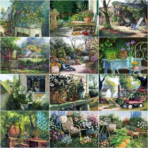 GATYZTORY Oil Painting By Numbers Garden Landscape Kits For Adults Handpainted DIY Houses Picture By Number On Canvas Home Decor