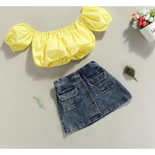 2PCS Toddler Girls Summer Clothes, Short Sleeve Off Shoulder Tops + Button Denim Skirt Set 1-6T 2021 New Fashion
