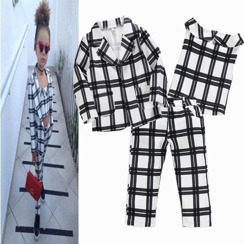 Girls Long Sleeve Classical Style Black and White Plaids Design Tops+Pants+Coats 3PCS Clothing Sets Little Girls Clothing Suits