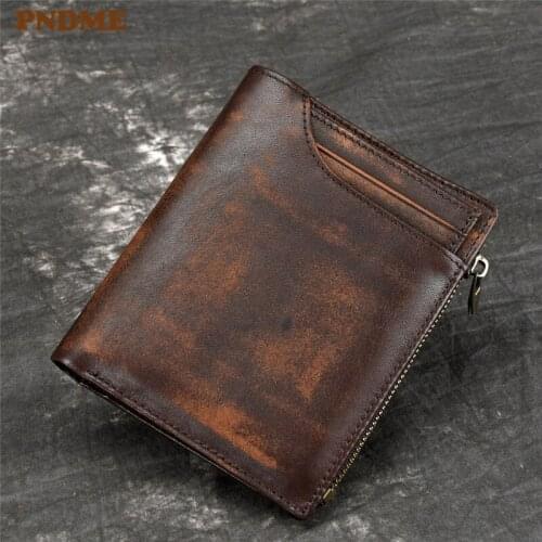 Vintage handmade genuine leather mens short wallet fashion natural real cowhide womens ID credit card holder small coin purse