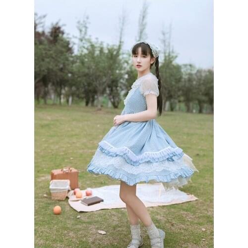 Pastoral style sweet lolita dress retro lace high waist lattice princess victorian dress kawaii girl gothic lolita jsk loli cos