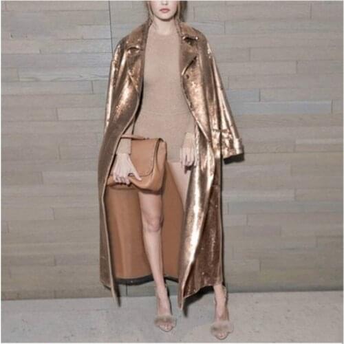 See Orange New Autumn Winter Gold Sequined Long Coat Lady 2018 T Show Windbreaker Loose Trench Coat For Women SO8414