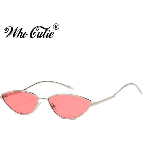WHO CUTIE 2018 Slim Cat Eye Retro Sunglasses Women Brand Designer 90s Vintage Pink Yellow Red Lens Tiny Sun Glasses Shades OM613