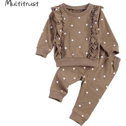 2020 Autumn Baby Girls Boys Clothes Sets Polka Dot Print Ruffles Long Sleeve Pullover Tops Trousers Pants 0-24M