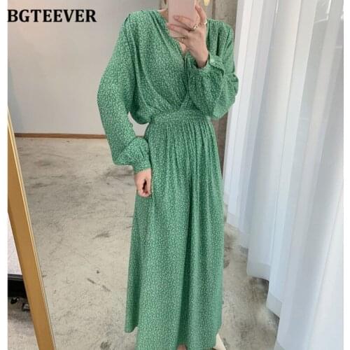 BGTEEVER Vintage Chic Women Floral Print Long Dress for Women Spring V-neck Full Sleeve Female A-line Dress Elegant Vestidos
