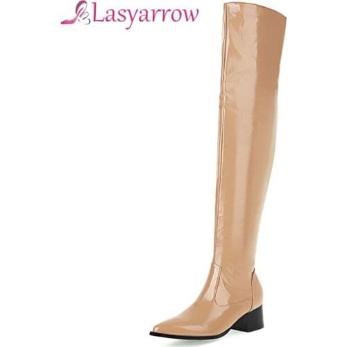 Lasyarrow 2021 Autumn Winter Over the Knee Boots Low Square Heel Pointed Toe Women Long Boots Yellow Zipper Boots for Women
