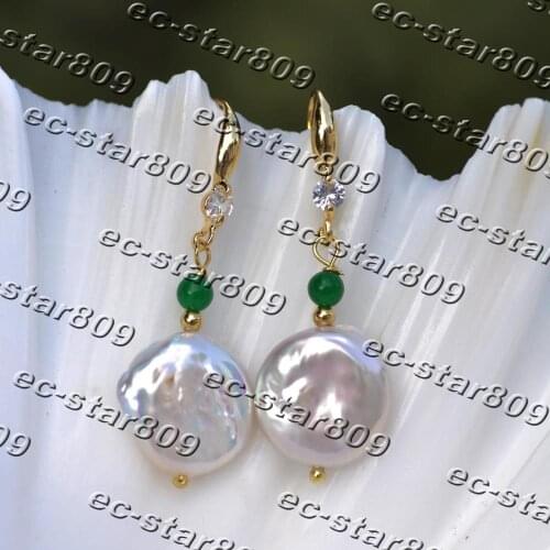 Z11444 16mm White Coin Pearl Green Jade Bead Dangle Earring