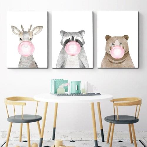 Modern Spray Color Blowing Bubbles Bubble Gum Animal Canvas Painting Wall Picture Bear Deer Raccoon Poster Kids Room Decoration