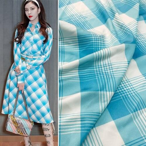 145cm Width Fashion Blue and White Lattice Printed Imitate Silk Satin Fabric For Woman Summer Dress Blouse DIY Sewing Material