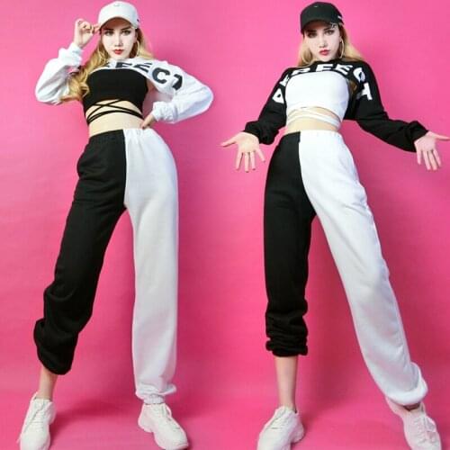 Pole Dance Clothing Women Hip-Hop Costume Black&White Tops Pants Set Gogo Jazz Dance Show Clothing Dj Stage Rave Outfit DNV13985