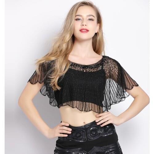 Womens 1920s Shawl Beaded Sequin Deco Evening Cape Bolero Flapper Cover Up Sheer See-Through Mesh Scraf