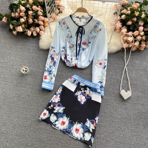 2021 Spring Autumn Two Piece Set Womens Suit Fashion Blouse Long Sleeve Printed Tops And High Waist Shirts Vintage Printed Sets