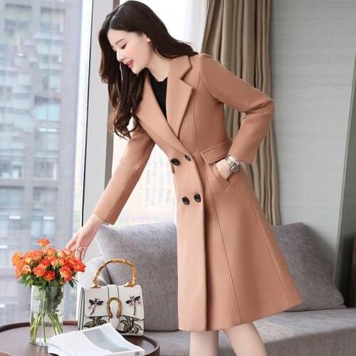 New wild double-breasted woolen jacket temperament slim waist in the long section of high-end womens woolen coat Wool & Blends