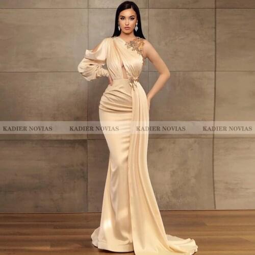 Kadier Novias Long Sleeve One Shoulder Champagne Mermaid Formal Evening Dress 2021 with Bead Robe Soiree Femme Vestidos Formales