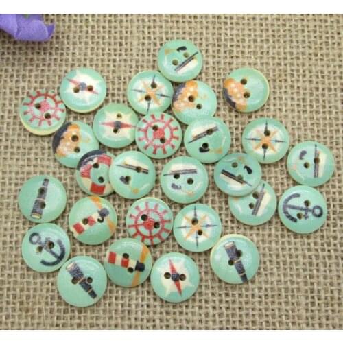 100pcs 15mm Mixed Natural Round Blue Anchor Pattern Wooden Buttons For Clothes Crafts Sewing Scrapbooking DIY Accessories