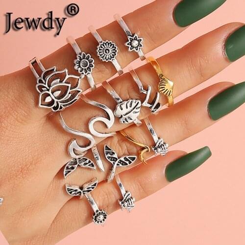 Boho Dolphin Tail Open Rings Set Gold Ocean Spray Symbol Finger Ring for Women Men Party Jewelry Gifts Wholesale 2020 15Pcs/Set