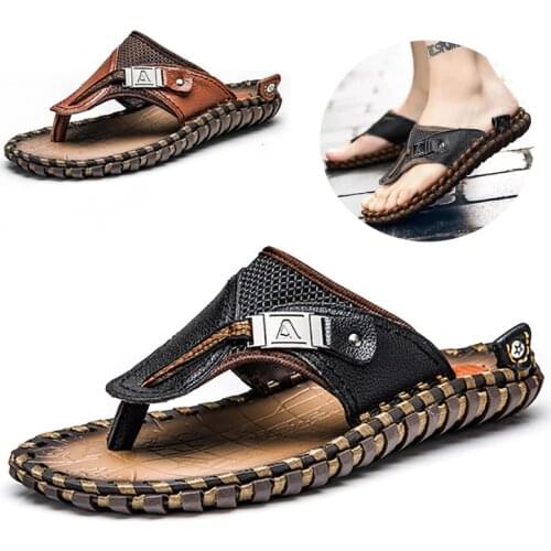 Big Size 38-48 Genuine Leather Flip Flops Men Luxury Brand Male Slippers Summer Outdoor Beach Casual Sandals Fashion Shoes Men