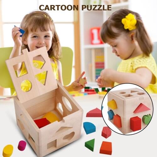 Wood Geometric Shape Blocks and Sorter Sorting Cube Box Building Blocks Puzzles Educational Toys For Toddler Preschool Children