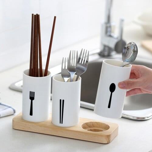 3pcs/set Oak Base Chopsticks Storage Bottles Kitchen Tableware Organizer Removable Cutlery Storage Barrel Plastic Draining Rack