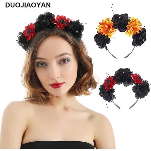 DUOJIAOYAN Women girls halloween headband with spider Color Artificial flower Hair accessories festival party costume hair hoop