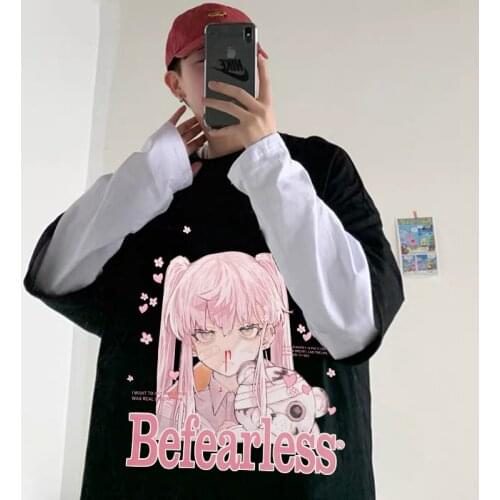 Cute Bear Graphic O-neck Cotton Long sleeve T-shirt Y2K Oversized Harajuku Loose Fake Two-piece Womens T-shirt kawaii clothes