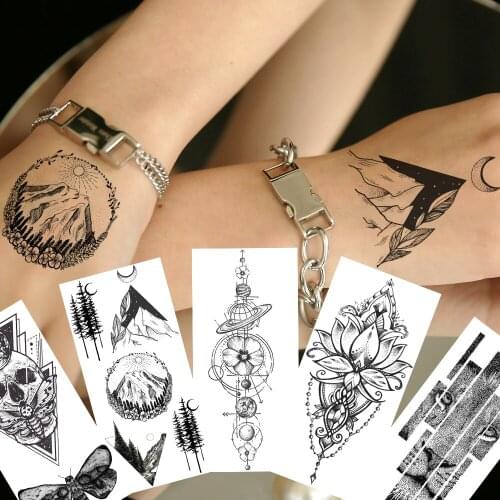 Geometric Mountain Moon Temporary Tattoos Sticker Fake Death Skull Flower Lion Tatoos For Women Men Body Art Hands Sheets Tatoo