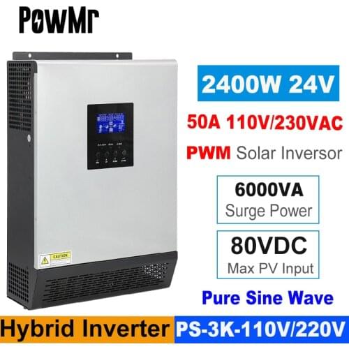 PowMr Solar Inverter 3KVA 24V 220V 110V Hybrid Inverter Pure Sine Wave Built-in 50A PWM Solar Charge Controller Battery Charger