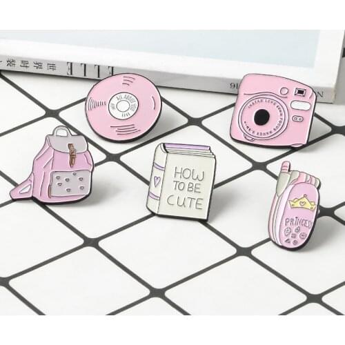 How to be cute? All about your record CD Book Backpack Flip phone Camera Pins Pink Enamel Badge Brooch Gift for friend Lapel pin