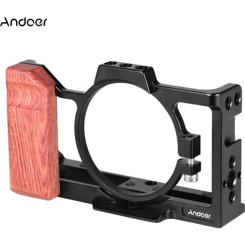 Andoer Camera Cage Compatible with Sony ZV1 Camera with Wooden Handle Grip Cold Shoe for Mounting Microphone LED Light