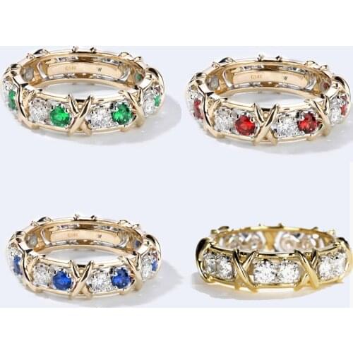 1.6 CTW Carat Lab Grown DF Moissanite Sapphire Ruby Eternity Band Solid 14K Yellow Gold Engagement Anniversary Ring