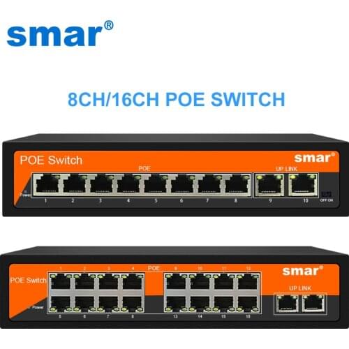 Smar 48V 8/16 Ports POE Switch with standardized RJ45 port IEEE 802.3 af/at with 10/100Mbps for POE Cameras CCTV Security Camera