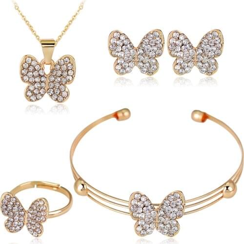 HC Cute Butterfly Girl Kids Jewelry Set 4pcs Korean Fashion Crystal Rhinestone Children Bracelet Necklace Earrings Jewelry Set T