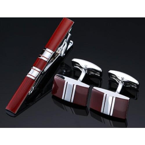 Red square Drop Shipping Enamel new Necktie Set Tie Bar Cufflinks Tie Clip High Quality Cuff Links Tie Pin Men Jewelry