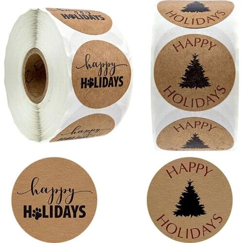 500pcs/roll Stickers Kraft Paper Happy Holidays Christmas Tree Round Adhesive Label Wrap Gift pack Tags Seal DIY Craft 2.5cm/1in