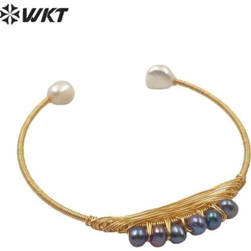 MPB016 High Quality Cuff Bangle Women Gift Colorful Pearl Charm Bangle With Gold Eletroplated Handmade Wire Wrapped