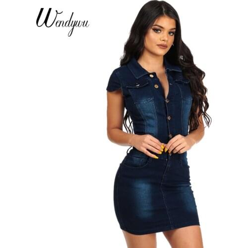 Wendywu Fashion Sexy Turn-down Collar Short Sleeve Dark Blue Denim Buttons Bodycon Mini Dress
