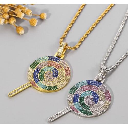 Bling Iced Out Lollipop Necklace Cute Multicolor Zircon Pendant For Men Women Gold Silver Color Charm Necklaces Jewelry Gift