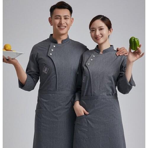 Restaurant Chef Work Clothes Mens Long Sleeve Baking Hotel Kitchen Grey Chef Suit