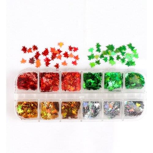 12 Grids Shiny Maple Leaf Christmas Nail Art Decorations Fall leaves Sequins Glitter Flakes For Manicure Decal Nails Accessories