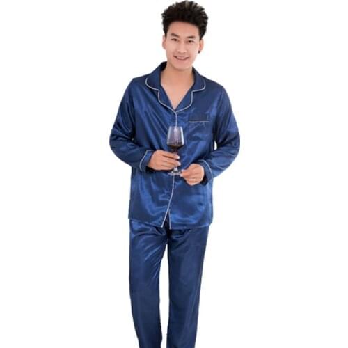 Silk Satin Men Pajamas Set Fashion Sleepwear Couple Solid Color Long Sleeve Suit
