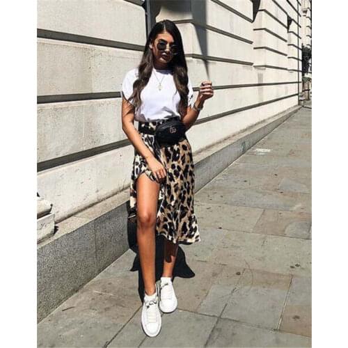 Leopard Skirt Women Fashion Sexy Wrap Over Asymmetrical Calf Length Skirt Ladies Summer Casual High Waist Slim Skirts Sundress