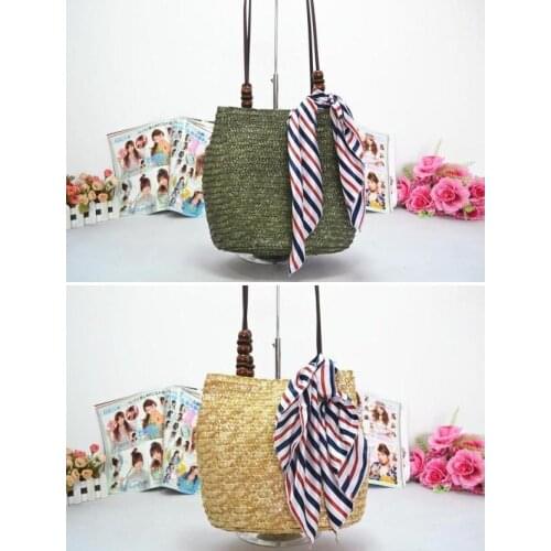 Scarf Bags Womens Wax With Laminated Wood Bead Decorative Straw Bags With a Scarf A2829