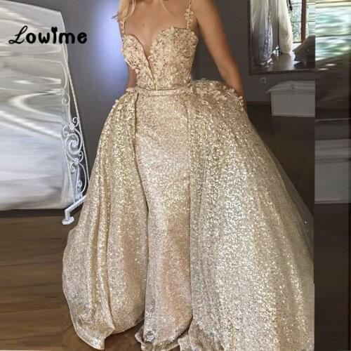 Two Piece Champagne Gold Long Prom Dresses Abiye Mermaid Saudi Arabia Evening Dress With Detachable Train Middle East Party Gown