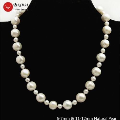 Qingmos Natural White Pearl Necklace for Women with 6-7mm & 11-12mm Round Freshwater Pearl Chokers Necklace Jewelry 17" nec6510