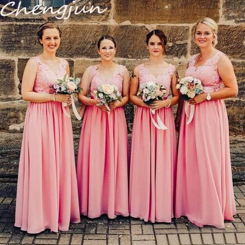 Chengjun Sleeveless Plus Size Hot Pink Chiffon Long Bridesmaid Dresses 2019